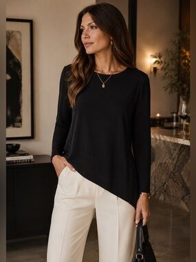MISOOK Petite Women’s Black Knit Women’s Asymmetrical Long Sleeve Top Sz MP